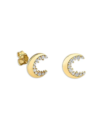 Sydney Evan 14K Yellow Gold Diamond Crescent Moon Stud Earrings