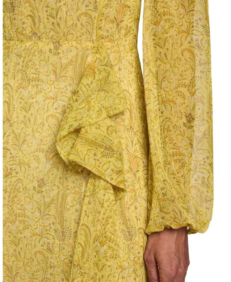 MALIA Long Sleeve Dress with Skirt Side Ruffle Printed Georgette