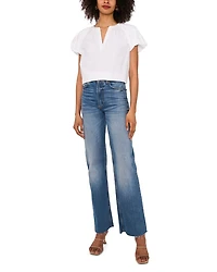 Split Neck Raglan Puff Sleeve Blouse