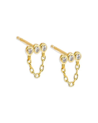Mini Triple Cubic Zirconia Bezel Bar Drop Chain Stud Earrings