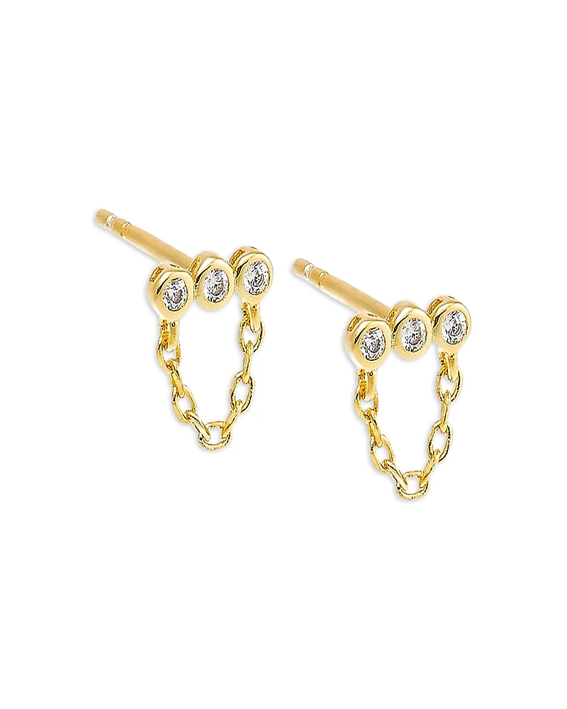 By Adina Eden Mini Triple Cubic Zirconia Bezel Bar Drop Chain Stud Earrings