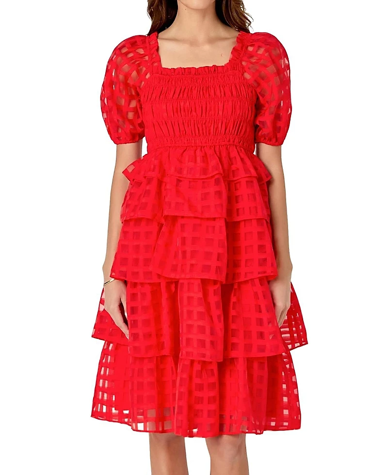 English Factory Women's Check Organza Tiered Midi Dress