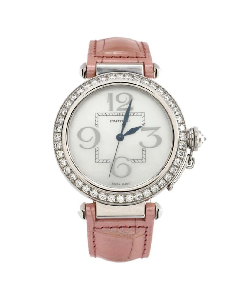Pasha de Cartier Automatic Watch in White Gold and Alligator with Diamond Bezel and Mother of Pearl 42mm