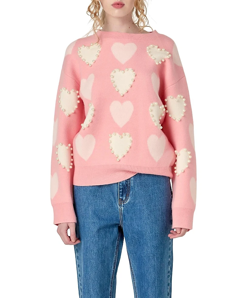 English Factory Women's Pearl with Heart Pattern Sweater