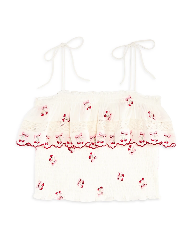 LoveShackFancy Girls' Fatima Cherry Embroidered Smocked Top - Big Kid