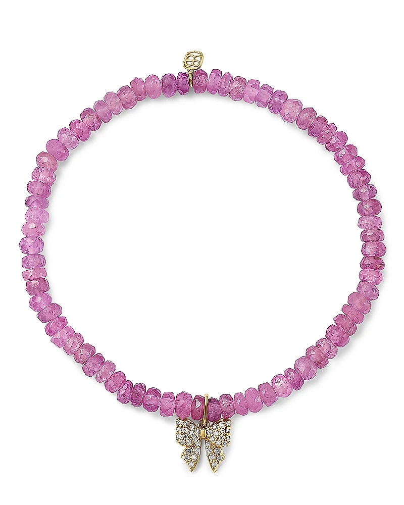 Sydney Evan 14K Yellow Gold Pink Sapphire Rondelle & Diamond Bow Charm Stretch Bracelet