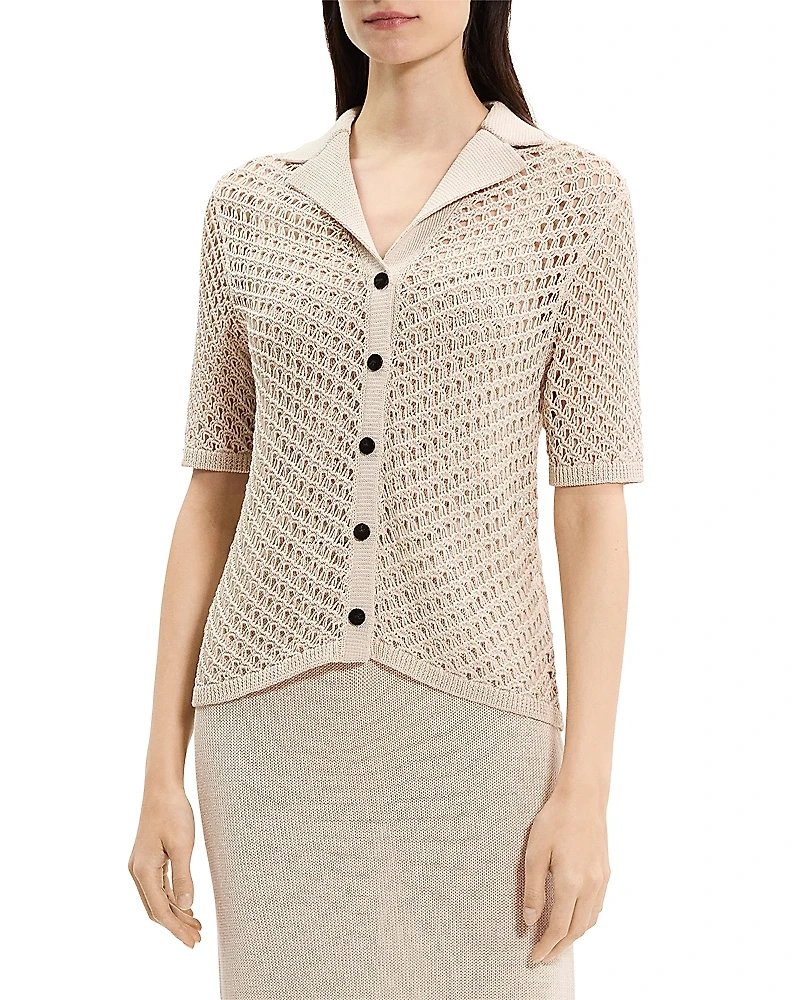 Theory Open Knit Camp Collar Top