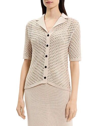 Theory Open Knit Camp Collar Top