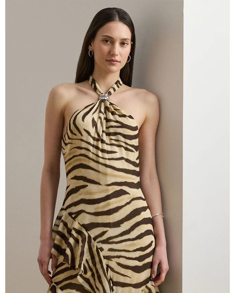 Zebra Print Ruffle Trim Georgette Gown