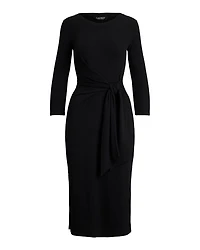 Tie Front Cotton Blend Crewneck Dress