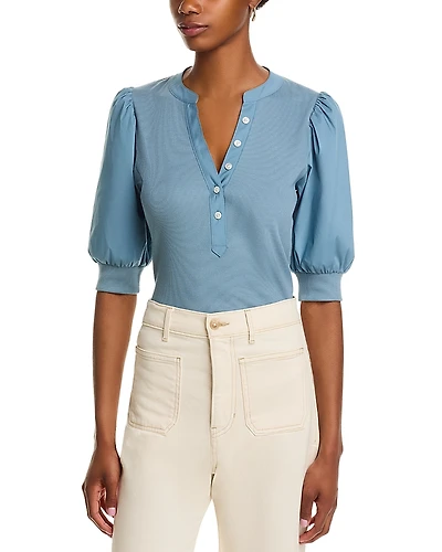 Veronica Beard Coralee Mixed Media Puff Sleeve Top