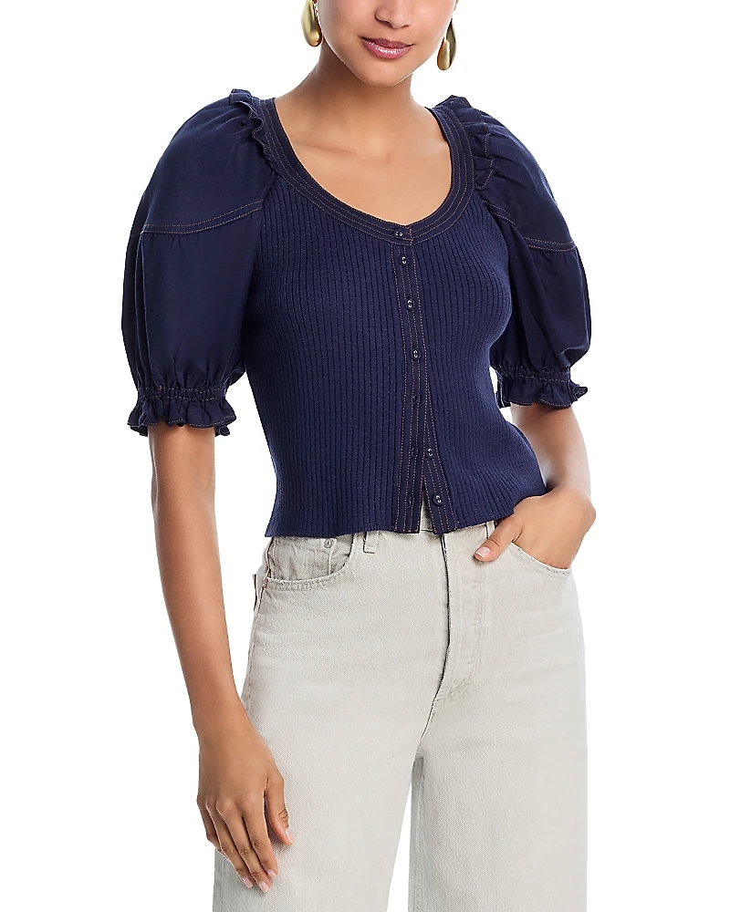 Aqua Mixed Media Puff Sleeve Top - Exclusive