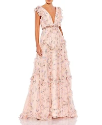 Ruffled Floral Print Cap Sleeve Gown