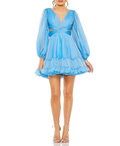 Flirty Chiffon Mini Dress with Puff Sleeves, Tiered Skirt & Daring Lace-Up Back