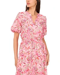 Printed Split Neck Puff Sleeve Dress