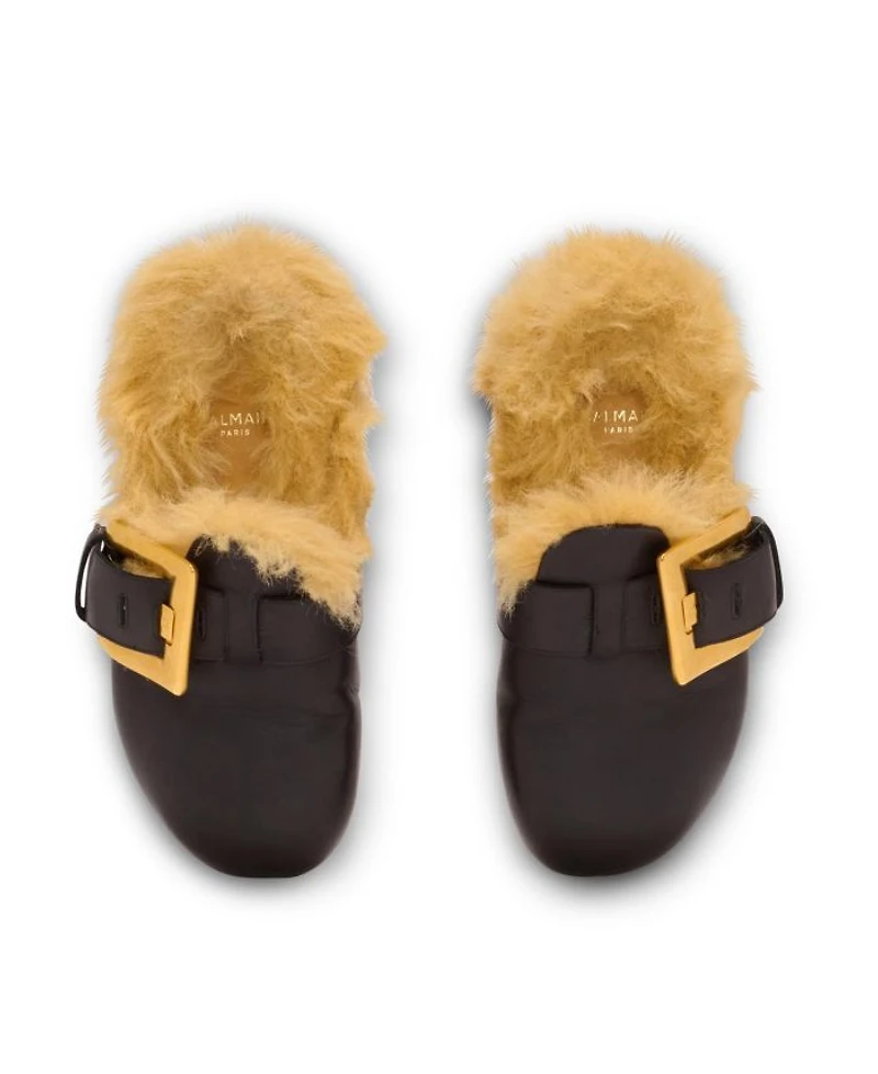 Women's Flat Leather and Faux Fur Mules
