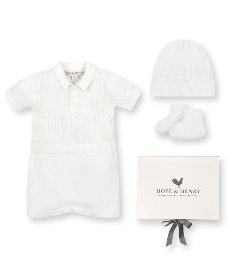 Unisex 4 Piece Cable Shortie Romper, Beanie, & Bootie Boxed Gift Set - Baby