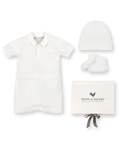 Unisex 4 Piece Cable Shortie Romper, Beanie, & Bootie Boxed Gift Set - Baby
