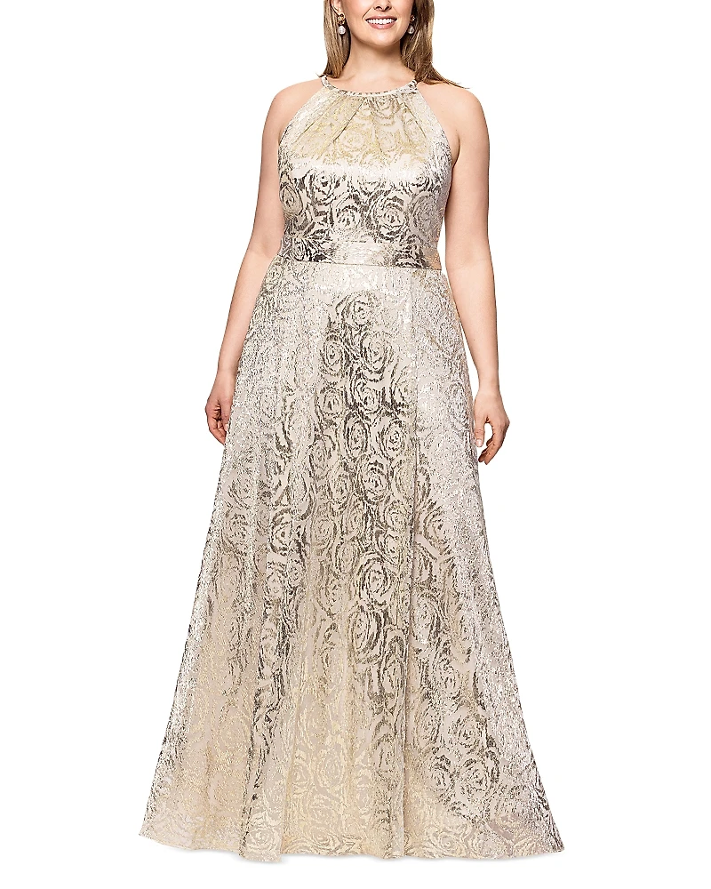 Betsy & Adam Long Crinkle Foil Floral Gown