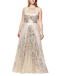 Betsy & Adam Long Crinkle Foil Floral Gown
