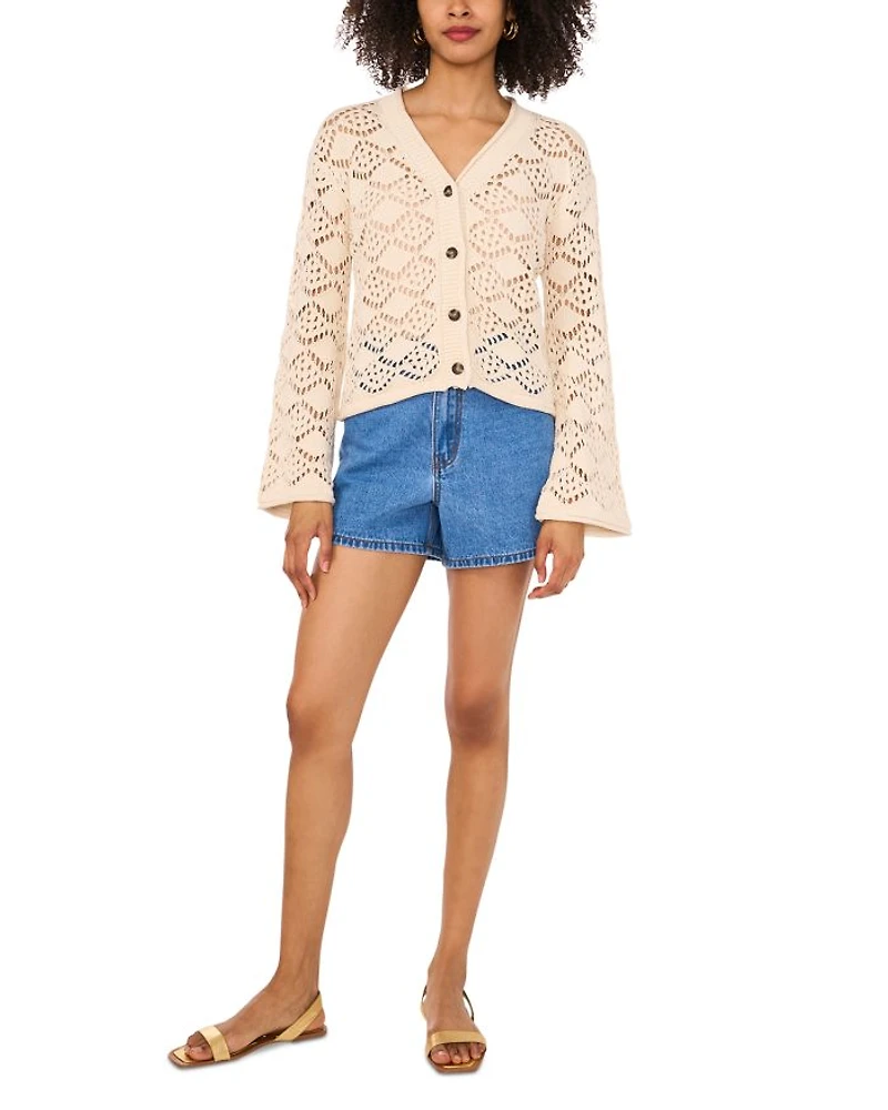 Pointelle V Neck Long Sleeve Cardigan