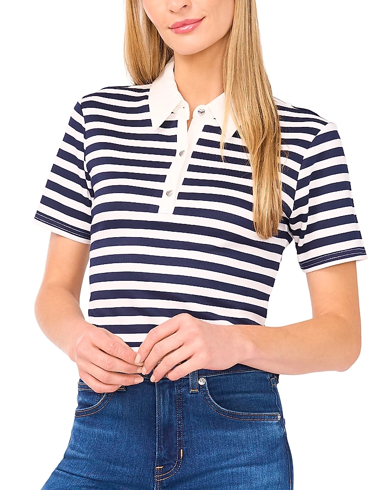 CeCe Short Sleeved Striped Polo Top