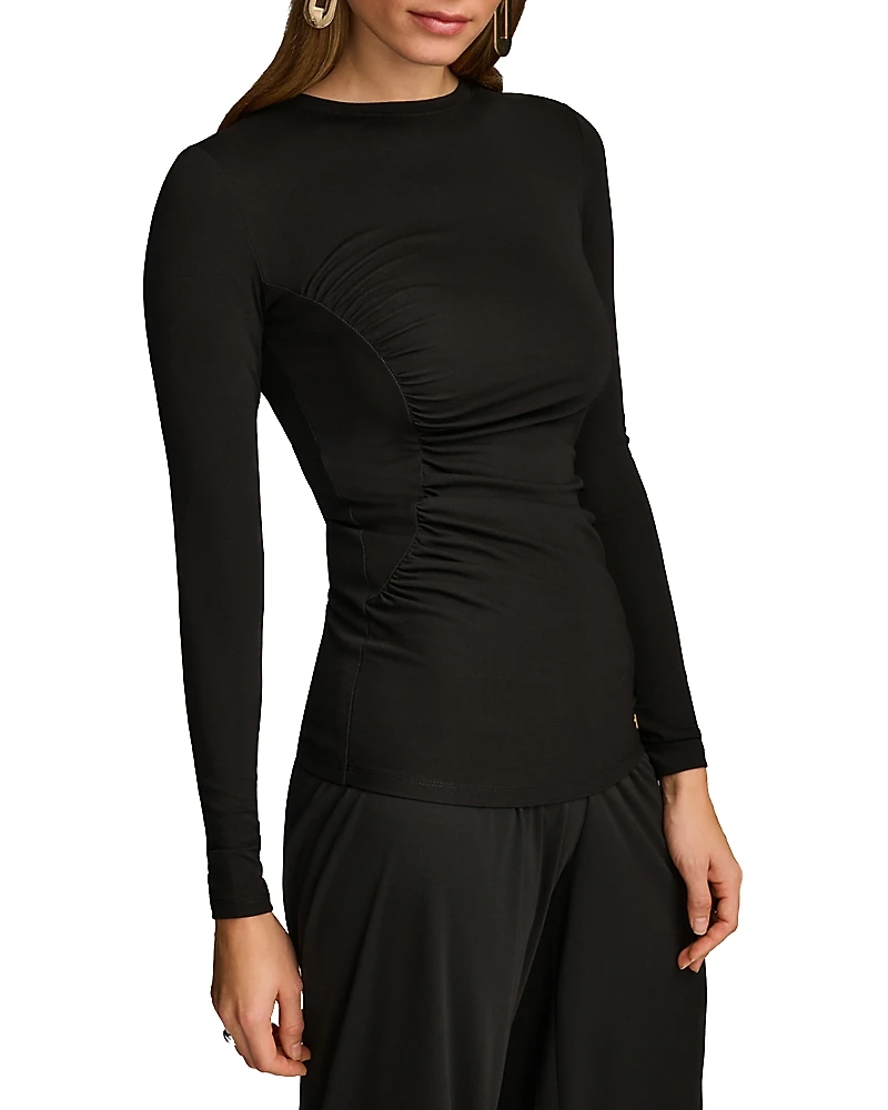 Donna Karan Long Sleeve Gathered Stretch Crepe Tee