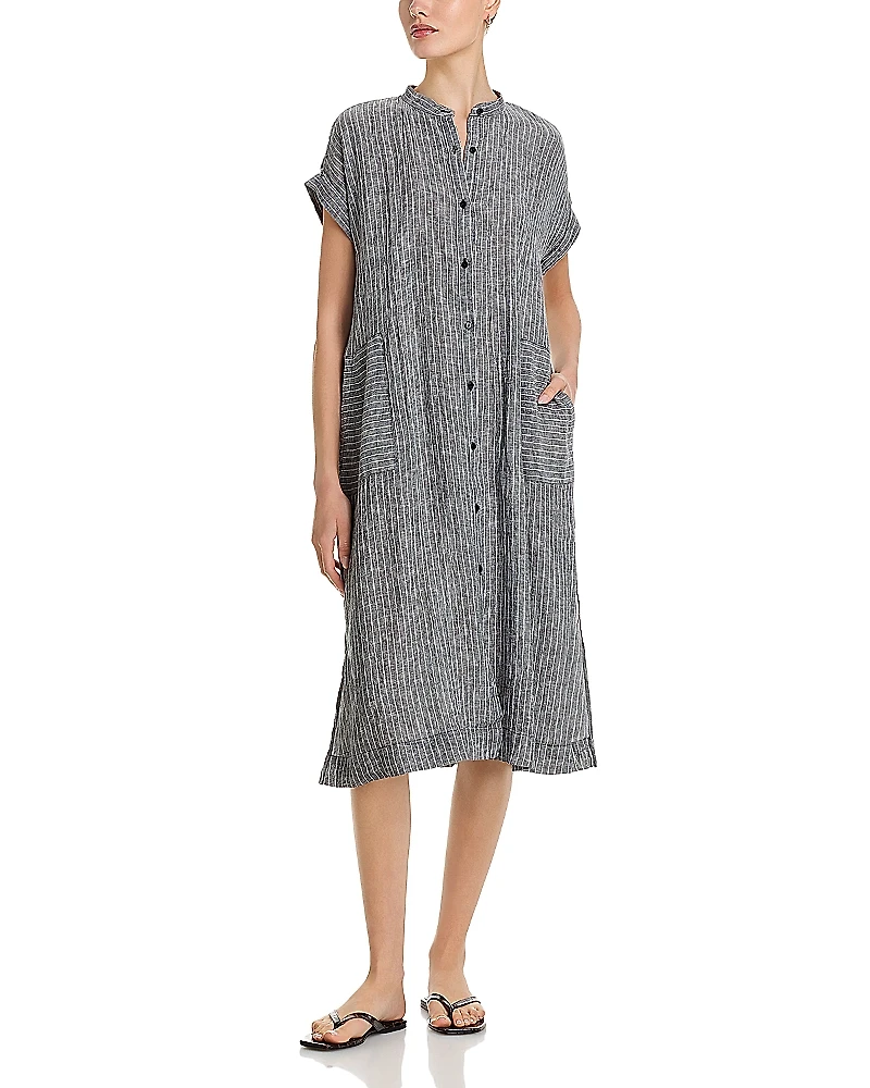 Eileen Fisher Puckered Linen Mandarin Collar Dress