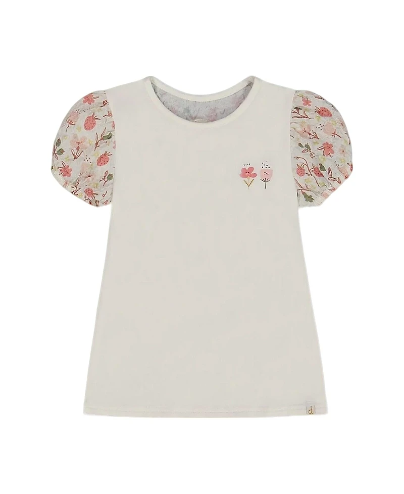 Deux par Deux Girls' Bi-Material Organic Cotton Top with Puff Sleeve - Big Kid