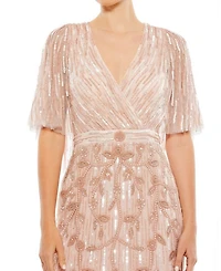 Embellished Cap Sleeve Faux Wrap Trumpet Gown