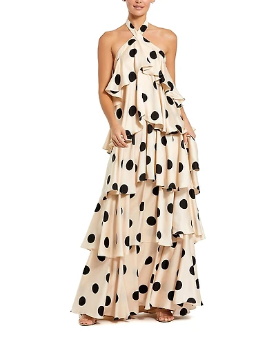 Mac Duggal Polka Dot Charmeuse Halter Tiered Ruffle Gown