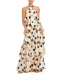 Mac Duggal Polka Dot Charmeuse Halter Tiered Ruffle Gown