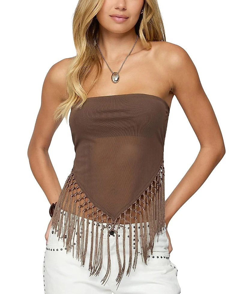 Edikted Backless Sheer Mesh Strapless Top