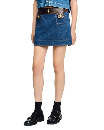Leather Trim Mini Denim Skirt
