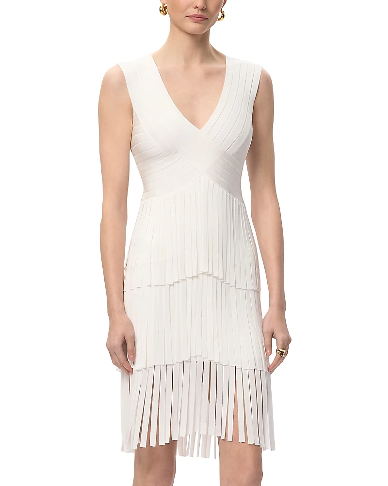 Herve Leger V Neck Gracie Midi Fringed Dress