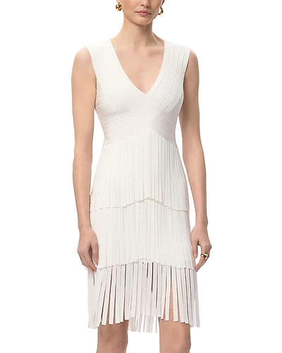 Herve Leger V Neck Gracie Midi Fringed Dress