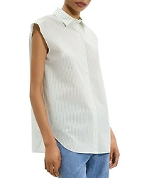 Cinched Cap-Sleeve Shirt Striped Cotton-Blend