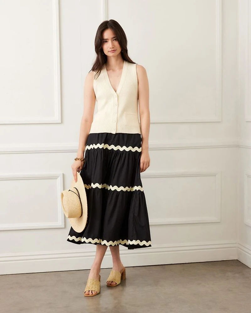 Ric Rac Trim Tiered Midi Skirt