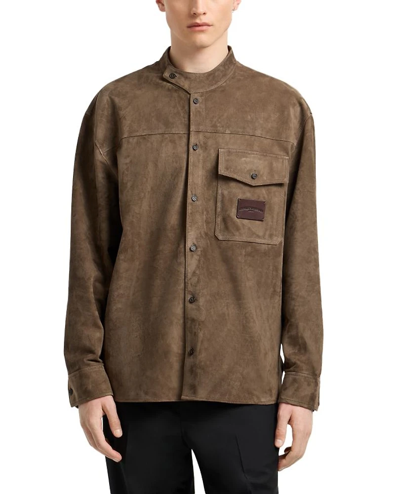 Asymmetric Mandarin Collar Regular Fit Leather Shirt
