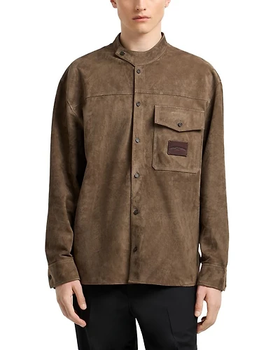 Asymmetric Mandarin Collar Regular Fit Leather Shirt