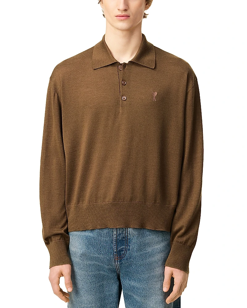Ami De Coeur Regular Fit Long Sleeve Wool Silk Blend Polo Sweater