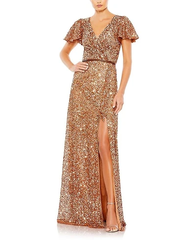 Sequined Wrap Over Butterfly Sleeve Draped Gown