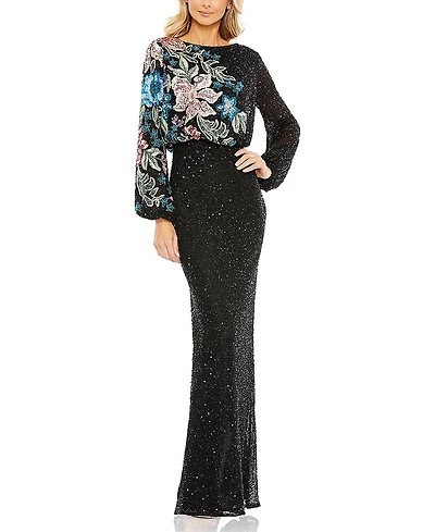 Mac Duggal Embellished Multi Color Floral High Neck Gown