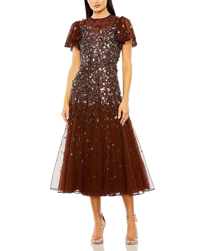 Mac Duggal Flutter Sleeve Sheer Top Beaded Dress