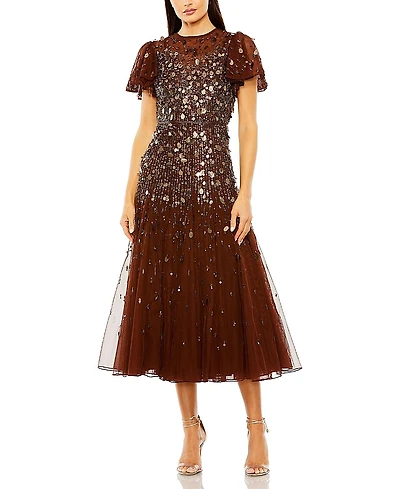Mac Duggal Flutter Sleeve Sheer Top Beaded Dress
