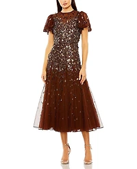 Mac Duggal Flutter Sleeve Sheer Top Beaded Dress