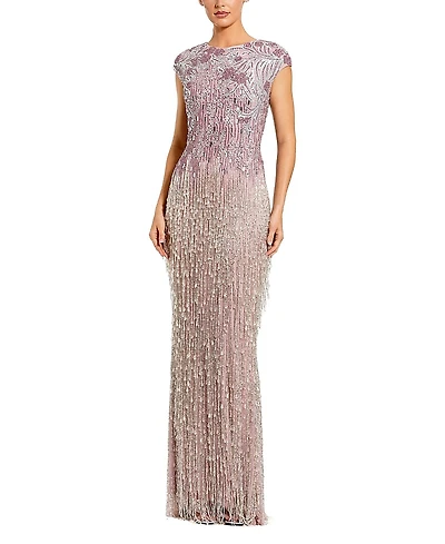 Mac Duggal Short Sleeve Mesh Gown With Fringe Beading