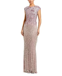 Mac Duggal Short Sleeve Mesh Gown With Fringe Beading
