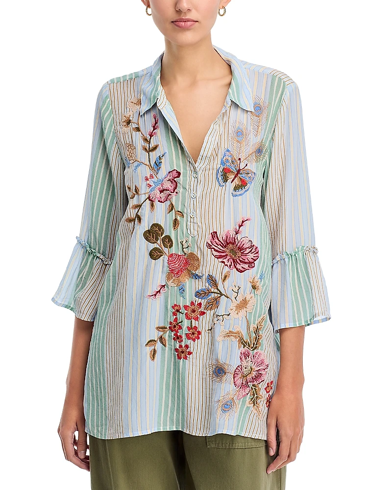 Johnny Was Silk Floral Ruffle Cuff Blouse