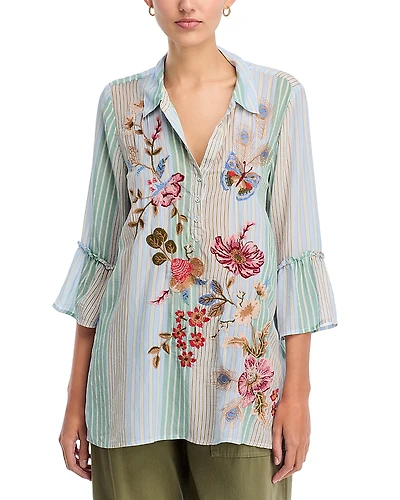Johnny Was Silk Floral Ruffle Cuff Blouse